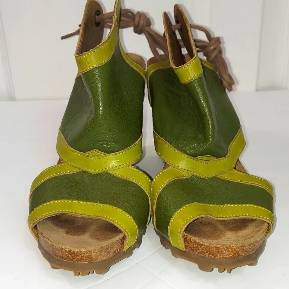 Fly London Luxe Kiwi & Olive Tieback Leather Platform Wedge Sandals Sz 36